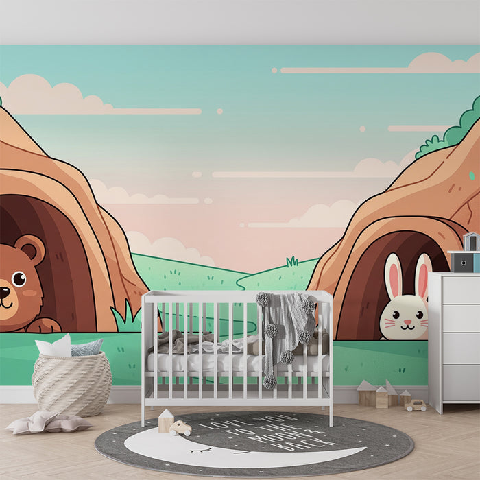 Kids' Room Wallpaper | Bear and Rabbit in an Enchanting Landscape