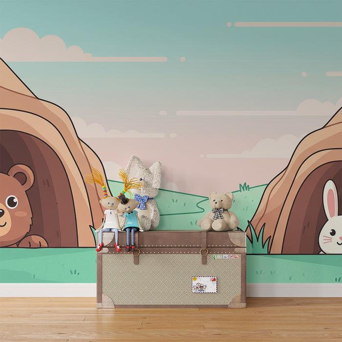 Kids' Room Wallpaper | Bear and Rabbit in an Enchanting Landscape
