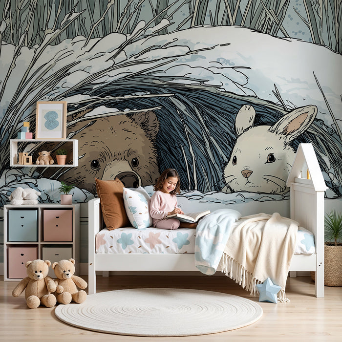Papier peint chambre enfant | Ours et lapin dans un paysage enneigé