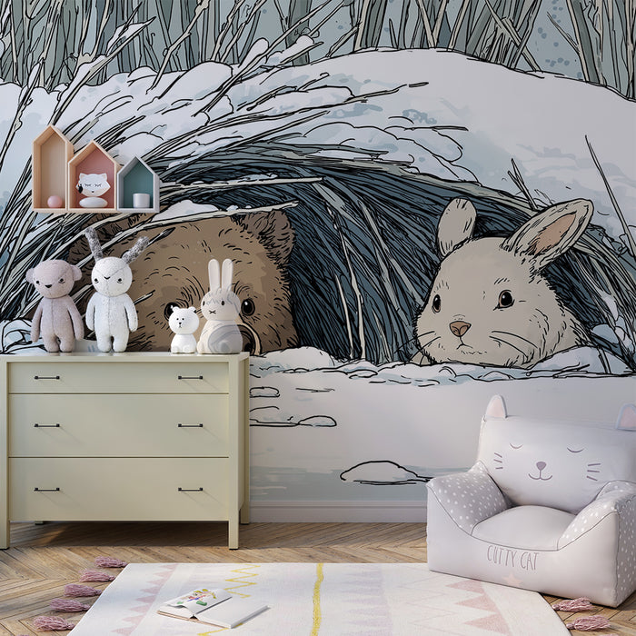 Papier peint chambre enfant | Ours et lapin dans un paysage enneigé