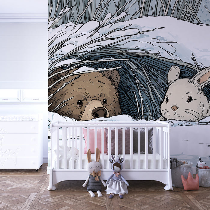 Papier peint chambre enfant | Ours et lapin dans un paysage enneigé