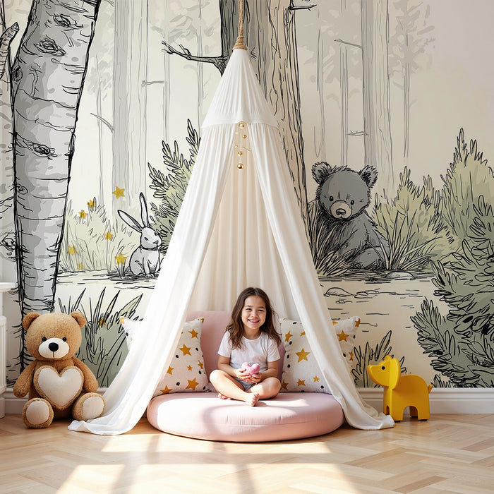 Papel de parede criança | Urso e coelho numa floresta tranquila