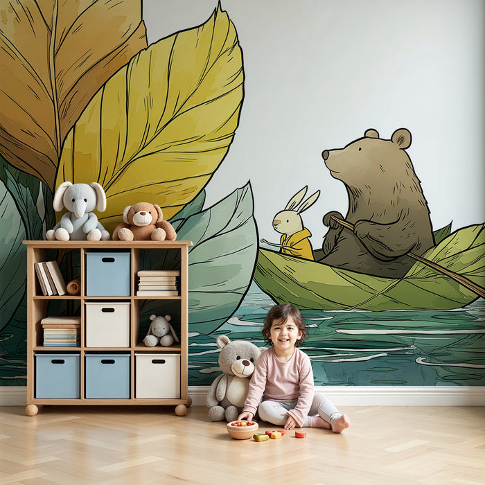 Kinderzimmer Tapete | Bär und Hase im Boot inmitten bunter Blätter