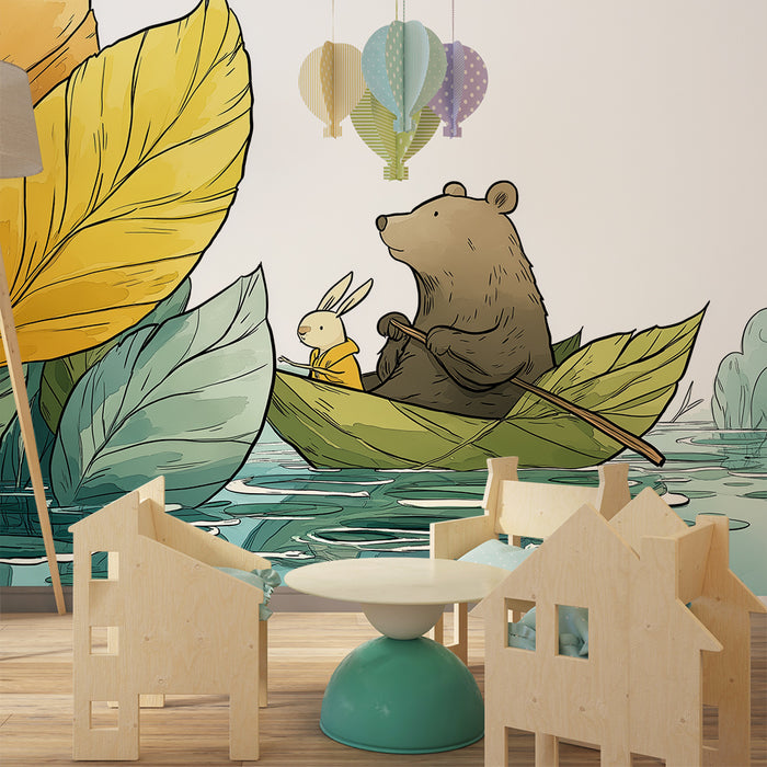 Kinderzimmer Tapete | Bär und Hase im Boot inmitten bunter Blätter