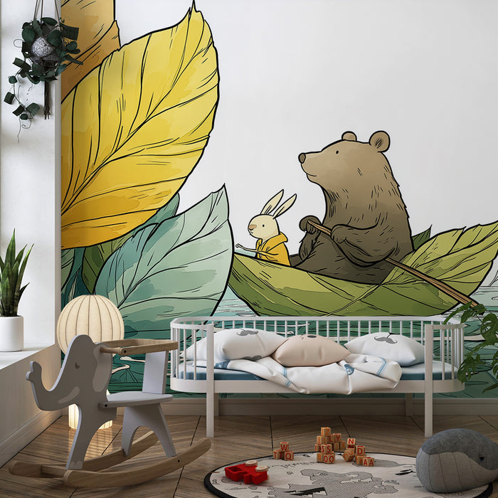 Kinderzimmer Tapete | Bär und Hase im Boot inmitten bunter Blätter
