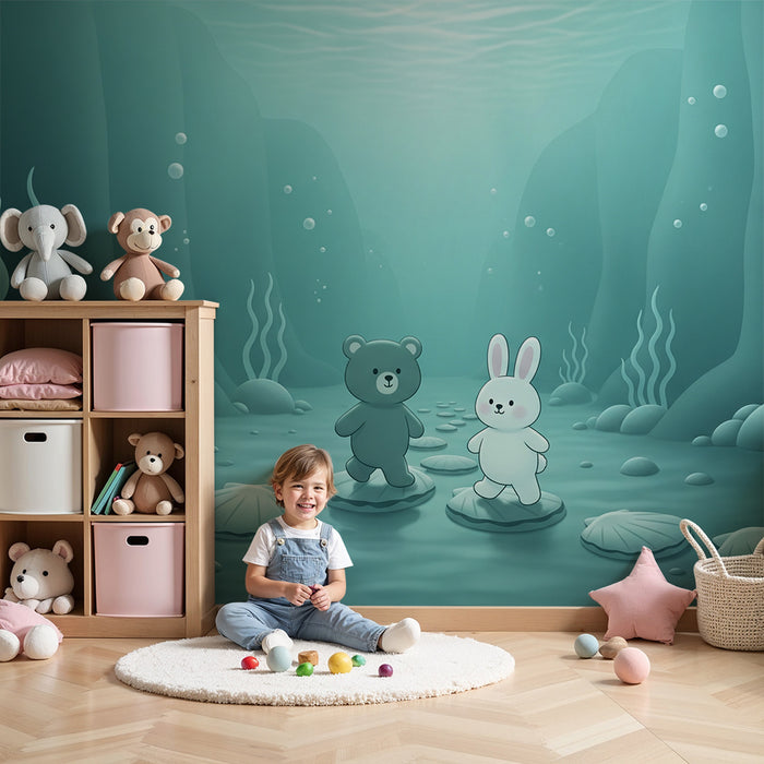 Kids' Room Wallpaper | Bear and Rabbit Explore an Underwater World