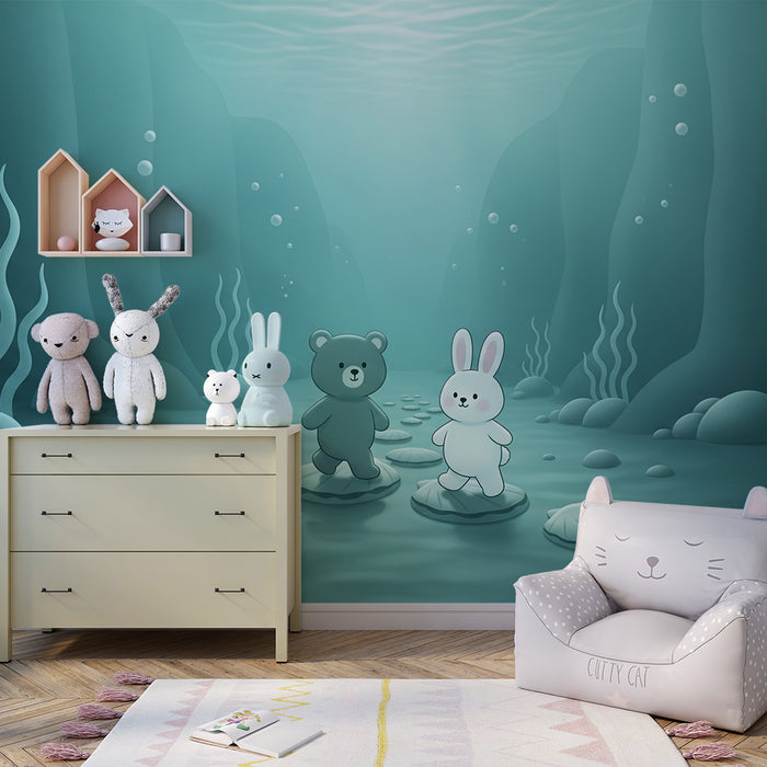 Kids' Room Wallpaper | Bear and Rabbit Explore an Underwater World