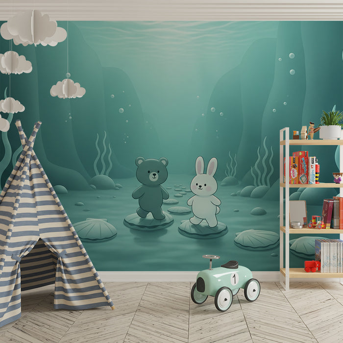 Kids' Room Wallpaper | Bear and Rabbit Explore an Underwater World