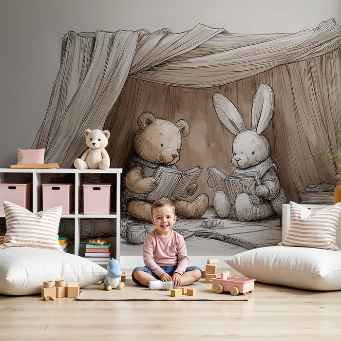 Carta da parati bambini | Orso e coniglio che leggono in una tenda di libri