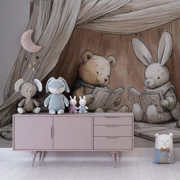 Carta da parati bambini | Orso e coniglio che leggono in una tenda di libri