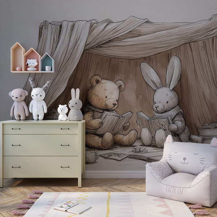 Carta da parati bambini | Orso e coniglio che leggono in una tenda di libri