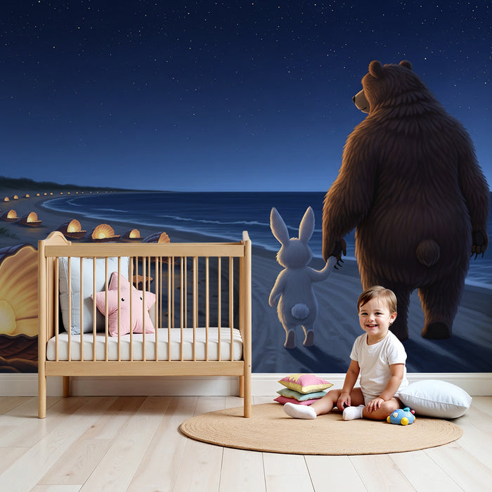 Children's Room Wallpaper | Bear and Rabbit Strolling on the Beach Under the Stars