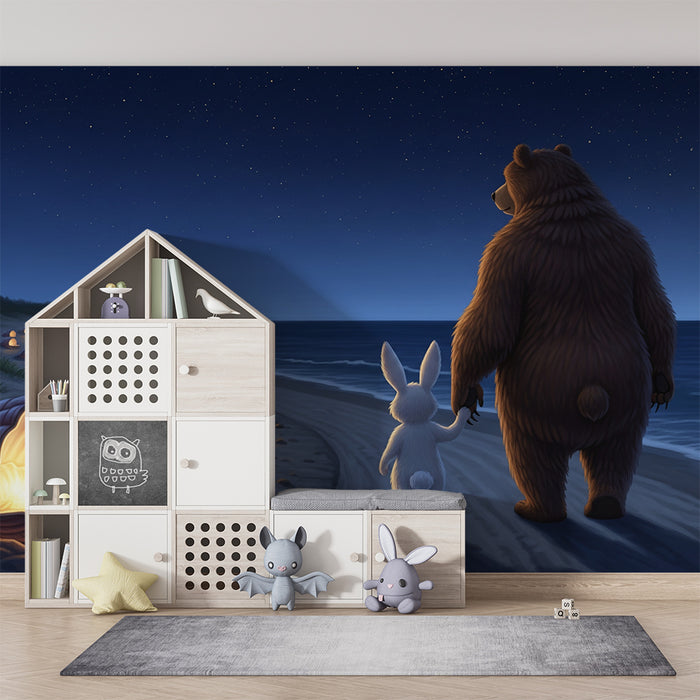 Children's Room Wallpaper | Bear and Rabbit Strolling on the Beach Under the Stars