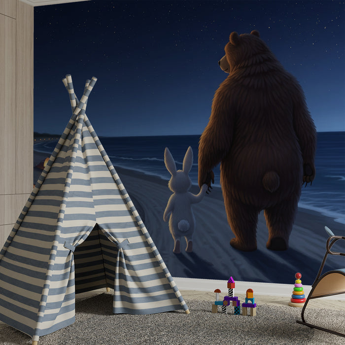 Children's Room Wallpaper | Bear and Rabbit Strolling on the Beach Under the Stars