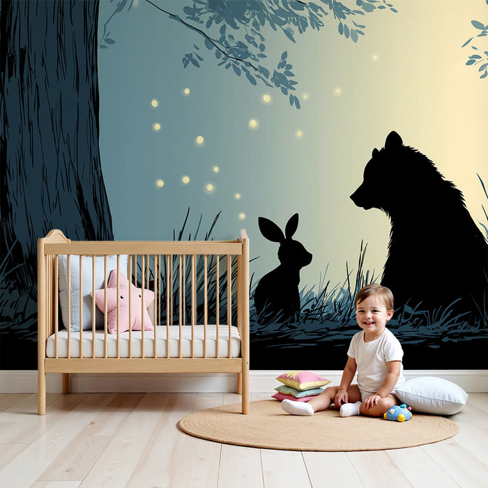 Papel de parede criança | Urso e coelho sob as estrelas cintilantes