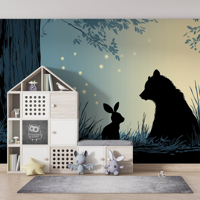 Papel de parede criança | Urso e coelho sob as estrelas cintilantes