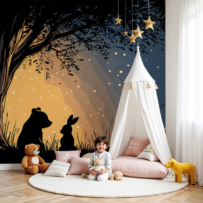Papier peint chambre enfant | Ours et lapin sous un arbre illuminé