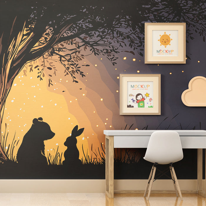Papier peint chambre enfant | Ours et lapin sous un arbre illuminé