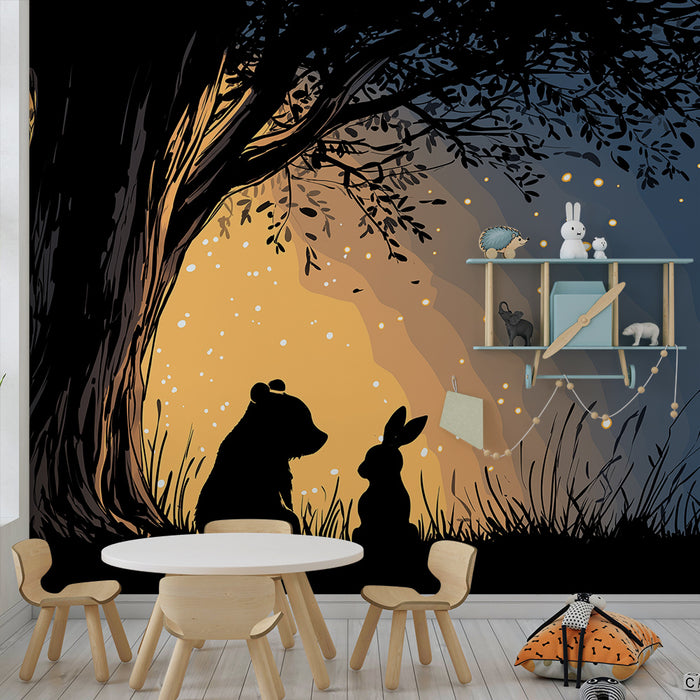 Papier peint chambre enfant | Ours et lapin sous un arbre illuminé