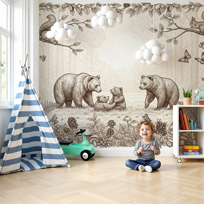 Papel de parede criança | Ursos e natureza em harmonia com detalhes encantadores