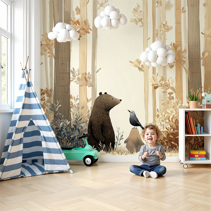 Carta da parati bambini | Orso e uccello in una foresta rilassante