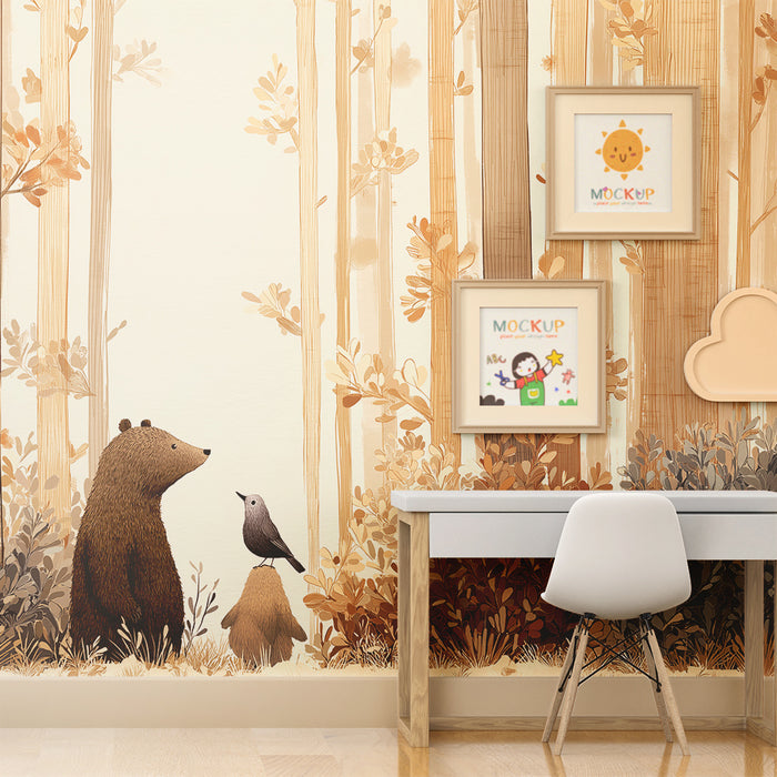 Carta da parati bambini | Orso e uccello in una foresta rilassante