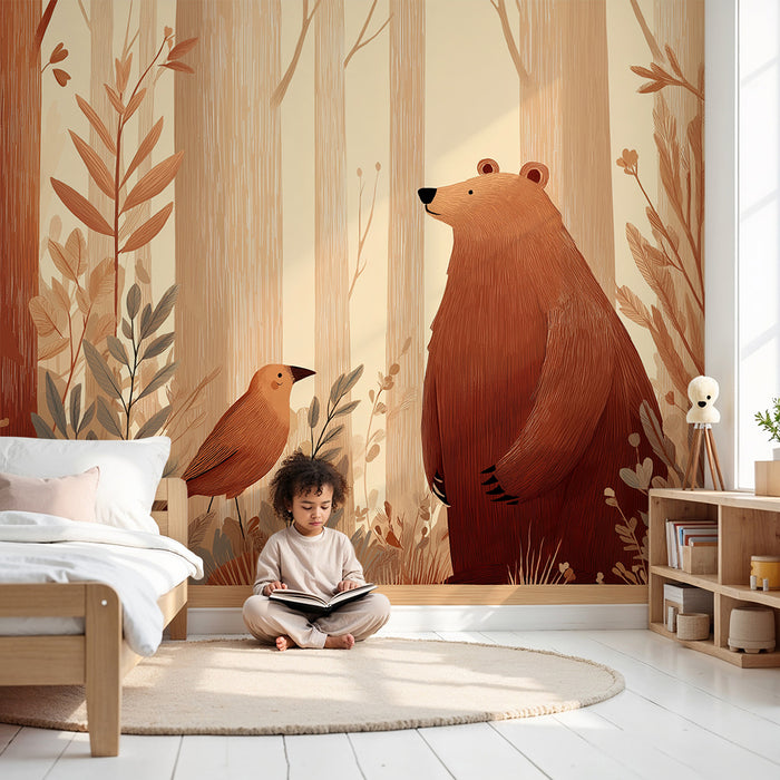 Papier peint chambre enfant | Ours et oiseau dans une forêt automnale