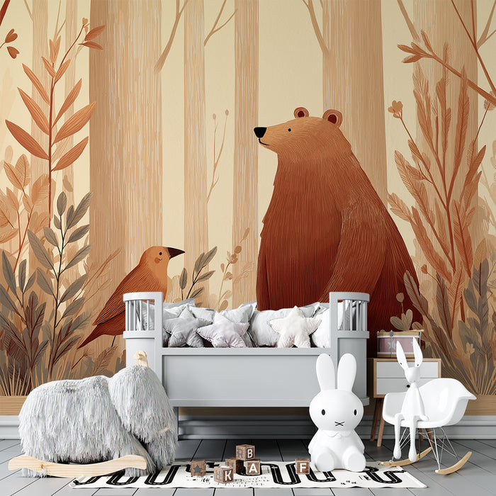 Papier peint chambre enfant | Ours et oiseau dans une forêt automnale