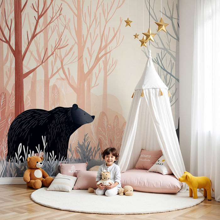 Carta da parati bambini | Orsi e piccoli animali in una foresta tranquilla