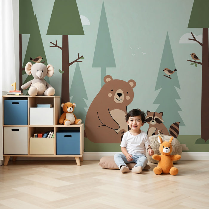 Papier peint chambre enfant | Ours et raton laveur dans une forêt paisible