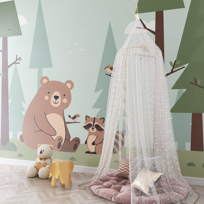 Papier peint chambre enfant | Ours et raton laveur dans une forêt paisible