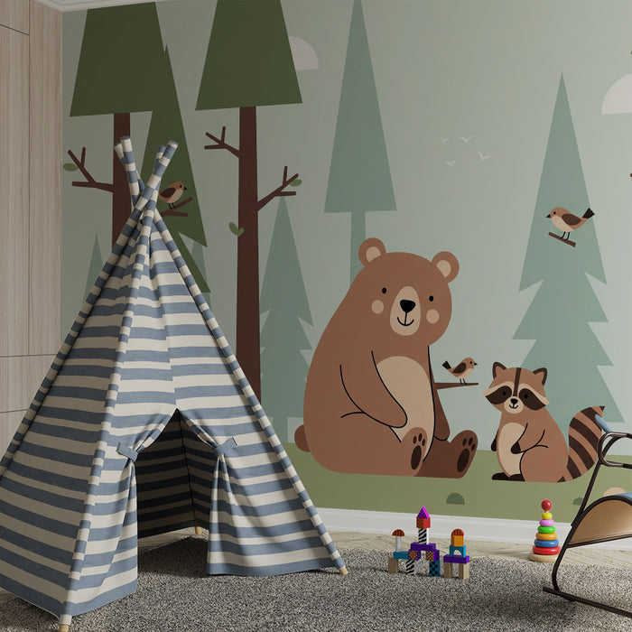 Papier peint chambre enfant | Ours et raton laveur dans une forêt paisible