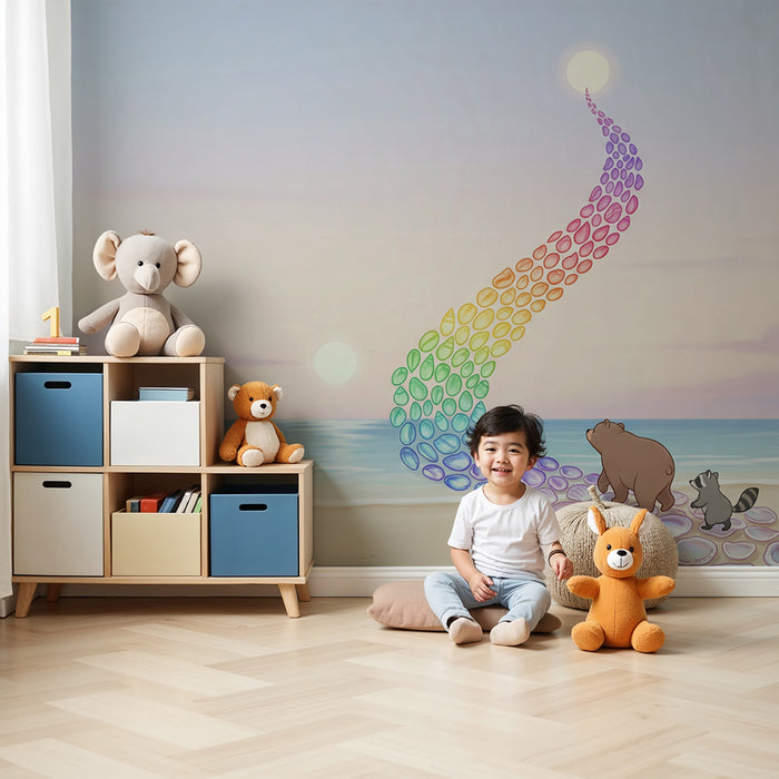 Kinderzimmer-Tapete | Bär und Waschbär am bunten Strand