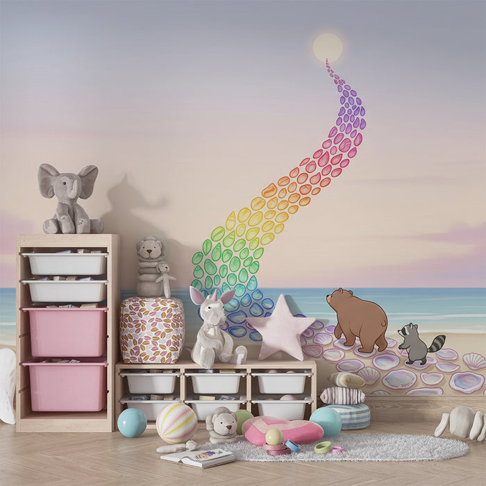Kinderzimmer-Tapete | Bär und Waschbär am bunten Strand