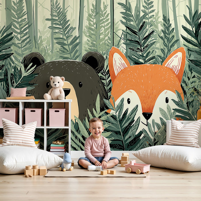 Papel de parede criança | Urso e raposa curiosa no meio das samambaias