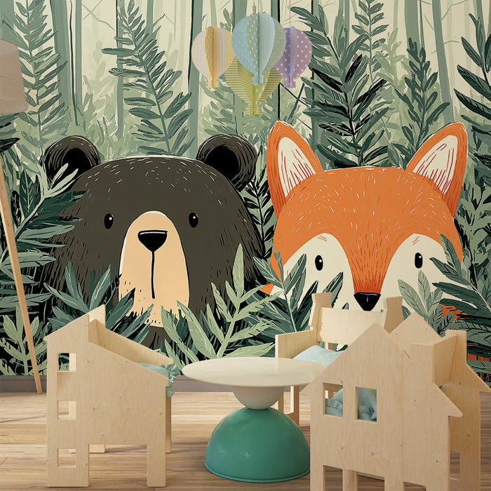 Papel de parede criança | Urso e raposa curiosa no meio das samambaias