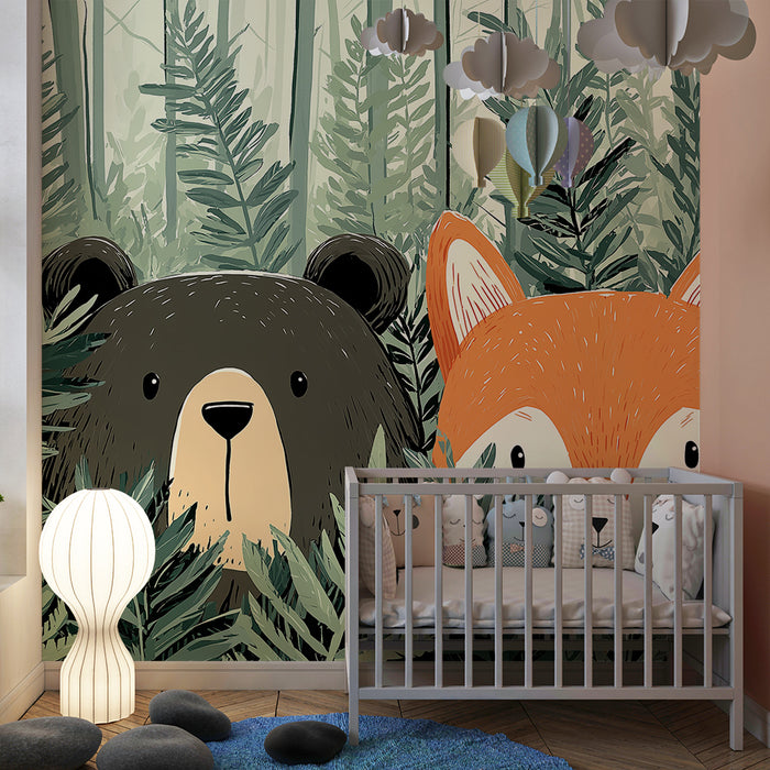 Papel de parede criança | Urso e raposa curiosa no meio das samambaias