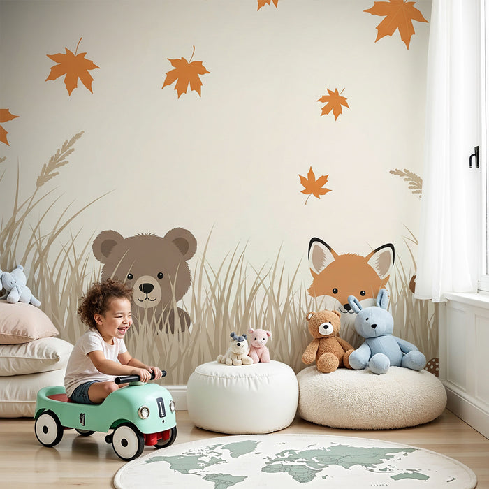 Kinderzimmer Tapete | Bär und Fuchs in einer herbstlichen Landschaft