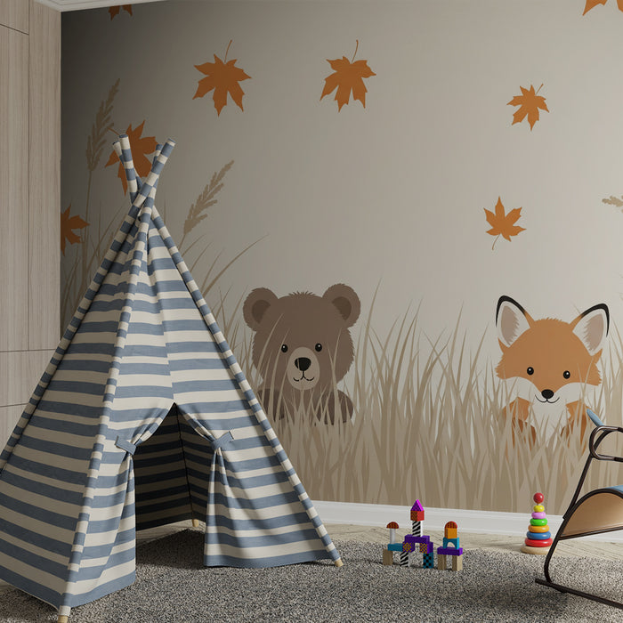 Kinderzimmer Tapete | Bär und Fuchs in einer herbstlichen Landschaft