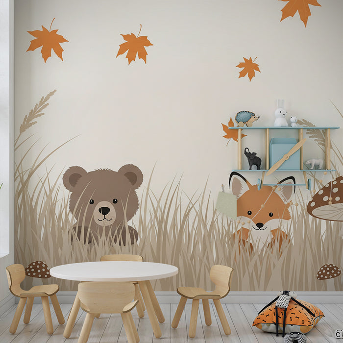 Kinderzimmer Tapete | Bär und Fuchs in einer herbstlichen Landschaft