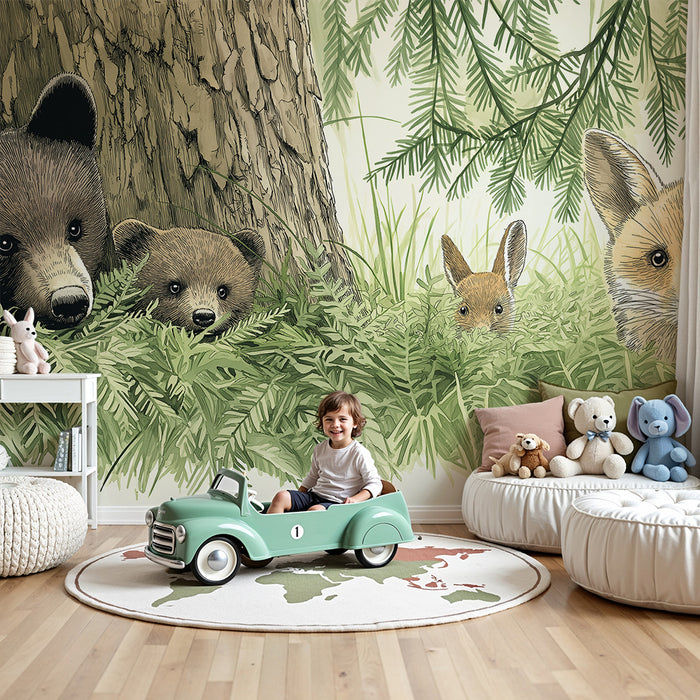 Carta da parati bambini | Orso e volpe in una foresta verde