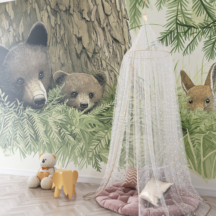 Carta da parati bambini | Orso e volpe in una foresta verde