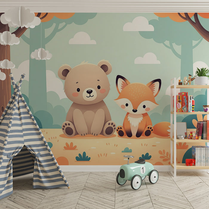 Kids room wallpaper | Arms and cute foxes in a colorful forest