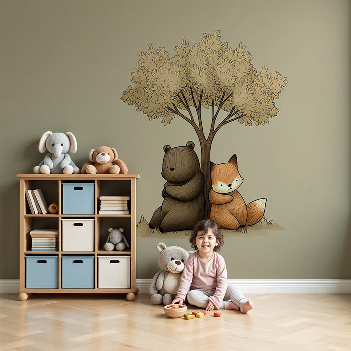 Gyermekszoba tapéta | Medve és róka egy fa alatt enyhe árnyalatokban