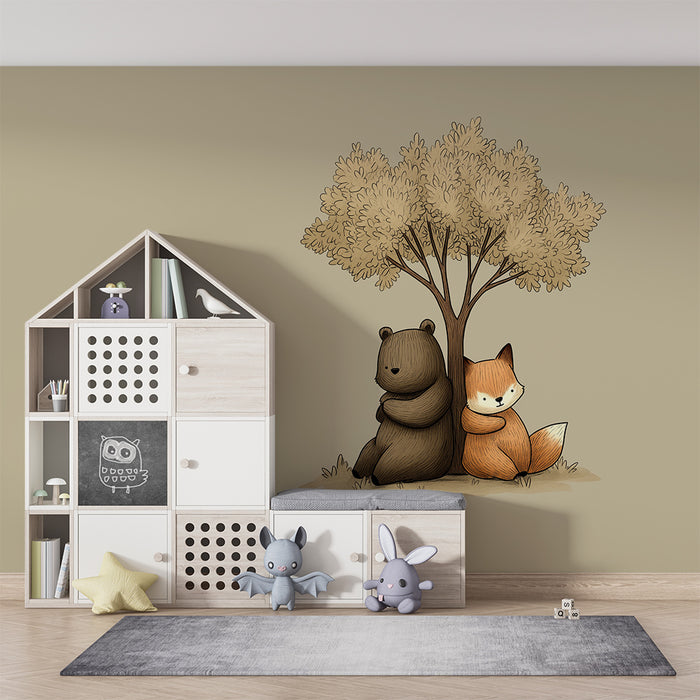 Gyermekszoba tapéta | Medve és róka egy fa alatt enyhe árnyalatokban