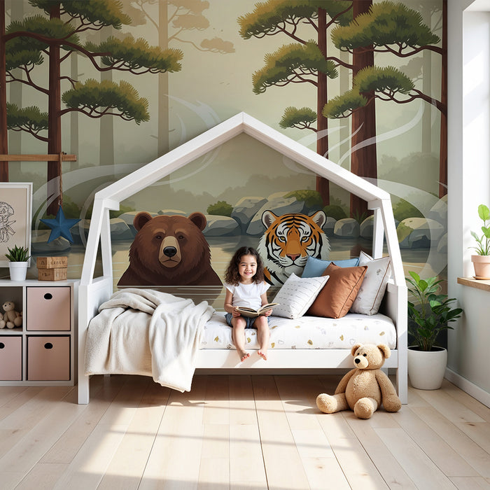 Kinderzimmer Tapete | Bär und Tiger entspannen in der Natur