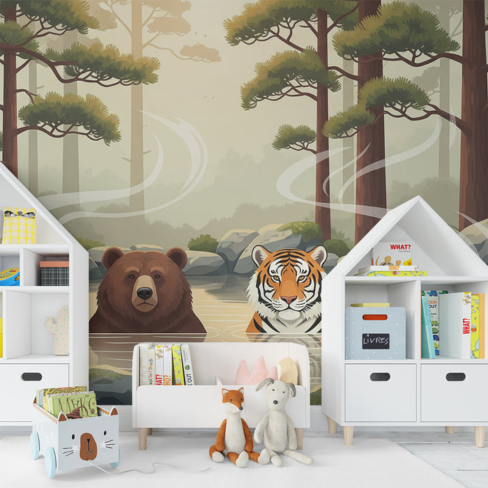 Kinderzimmer Tapete | Bär und Tiger entspannen in der Natur