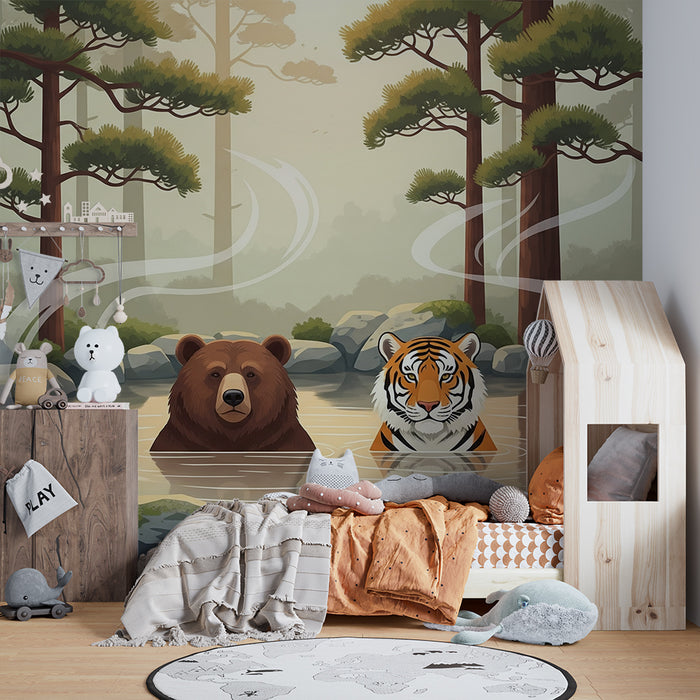Kinderzimmer Tapete | Bär und Tiger entspannen in der Natur