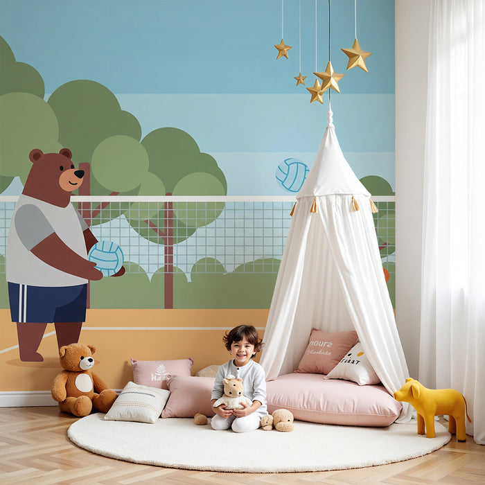 Papier peint chambre enfant | Ours et tigres jouant au volley-ball dans un parc ensoleillé