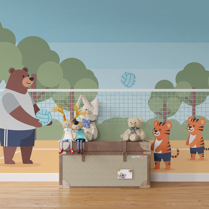 Papier peint chambre enfant | Ours et tigres jouant au volley-ball dans un parc ensoleillé
